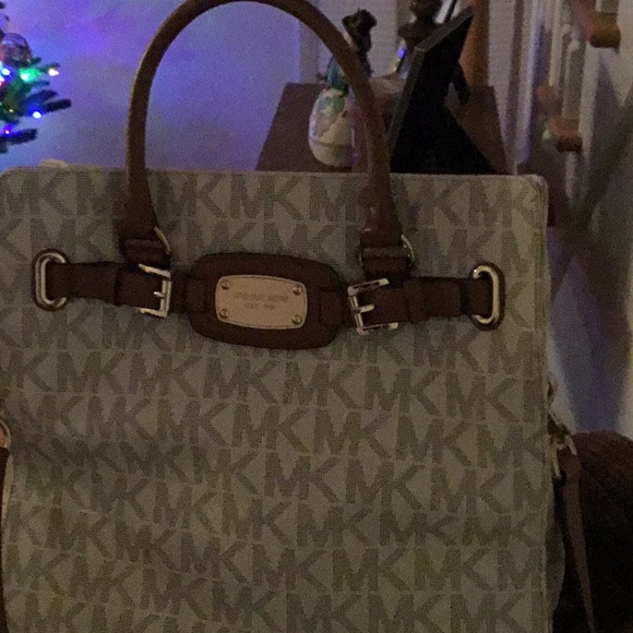 Michael Kors Handbags - Michael Kors signature MK white and tan satchel